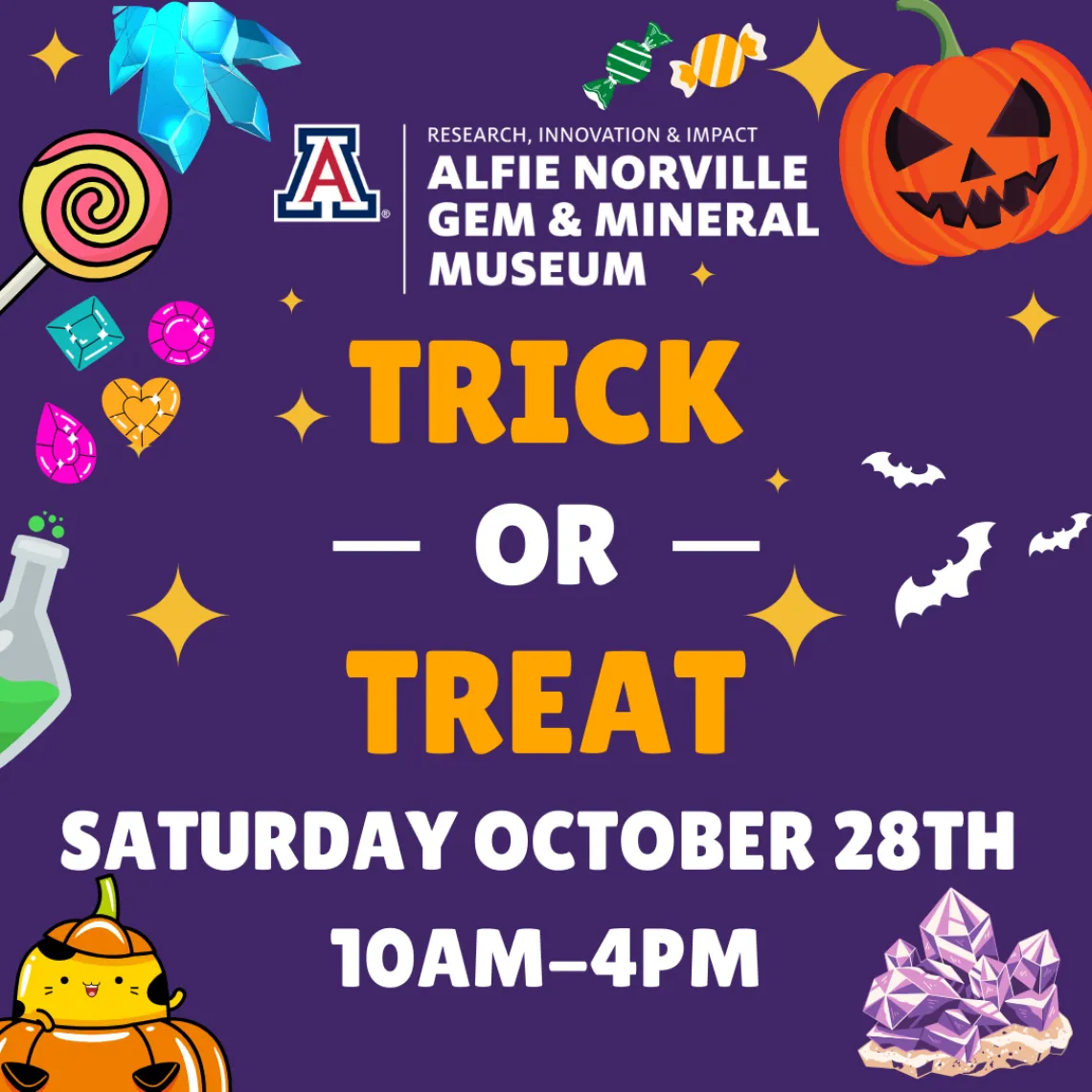 Trick or Treat graphic images of candy and pumpkins. Highlighting event date of Saturday October 28th from 10am-4pm.